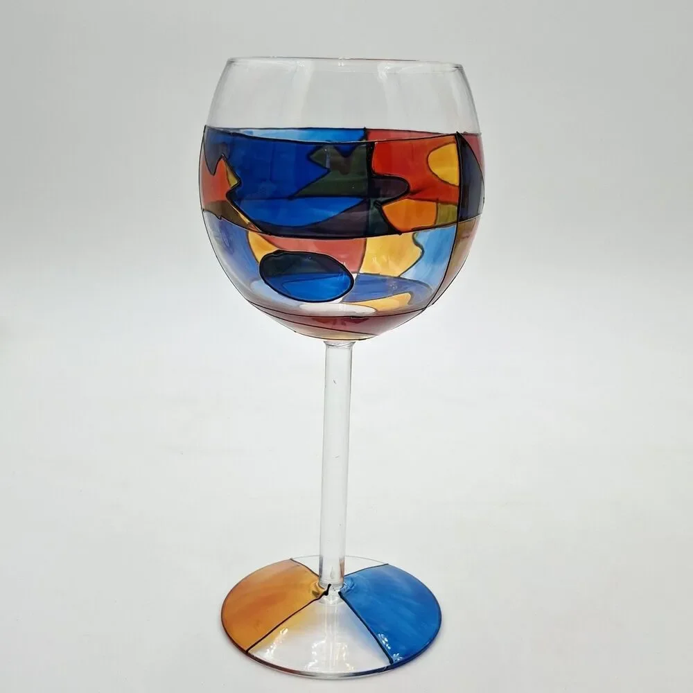 Colorful Hand painted Stemmed Wine Glass  8 3/8